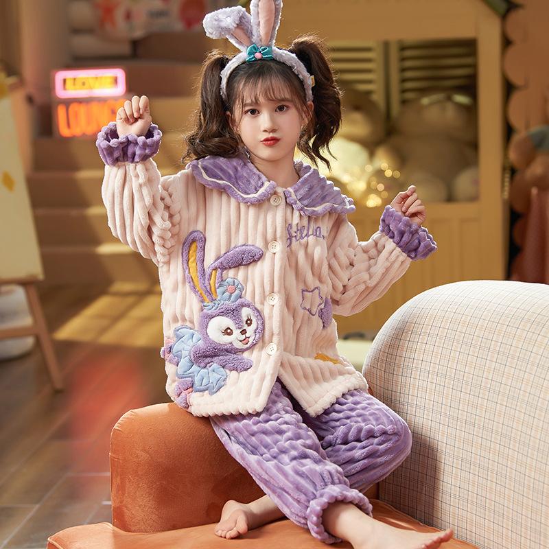 Kids Flannel Pajamas Set Boys Girls Warm Long Sleeve Top And Pants Sleepwear Winter Home Nightwear