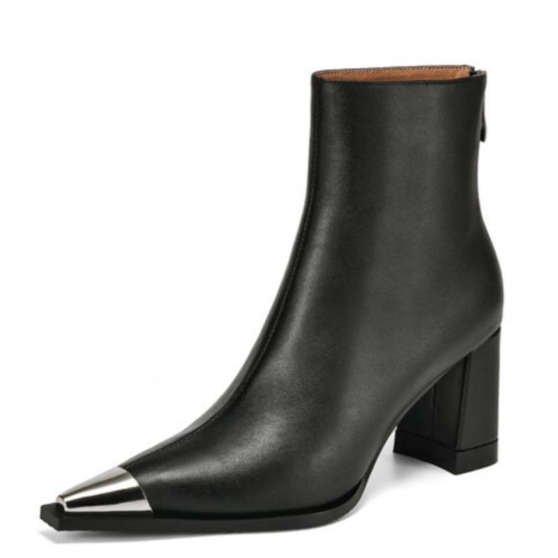 Fashion Women's Fashion Thick Heel Single Boots Winter New Metal Pointed Head Back Zipper Anti-slip Wear-resistant Short Boots