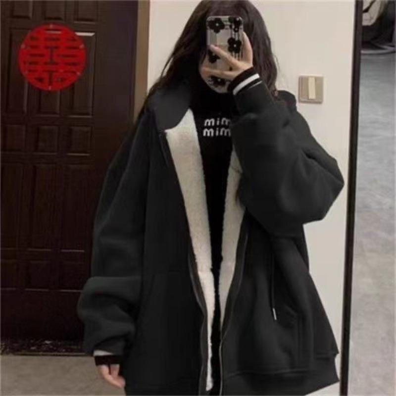 Purple Lamb Wool Zip-Up Thickened Hooded Sweatshirt Jacket Autumn Winter Cardigan