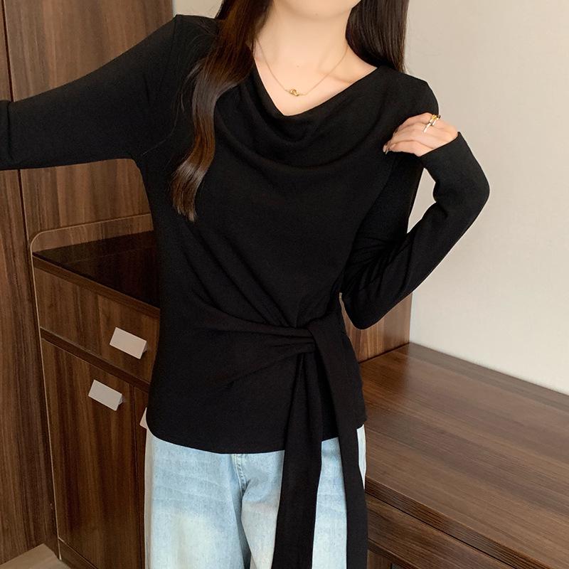 

2026 Spring Plus Size Women s Fashionable Boat Neck Flowy Long Sleeve Top with Sashes XL чёрный