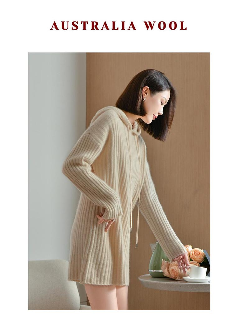 Women's Hooded Mid-Length Wool Sweater Dress, Loose-Fitting Knitted Outerwear, Solid Color, Long-Sleeved