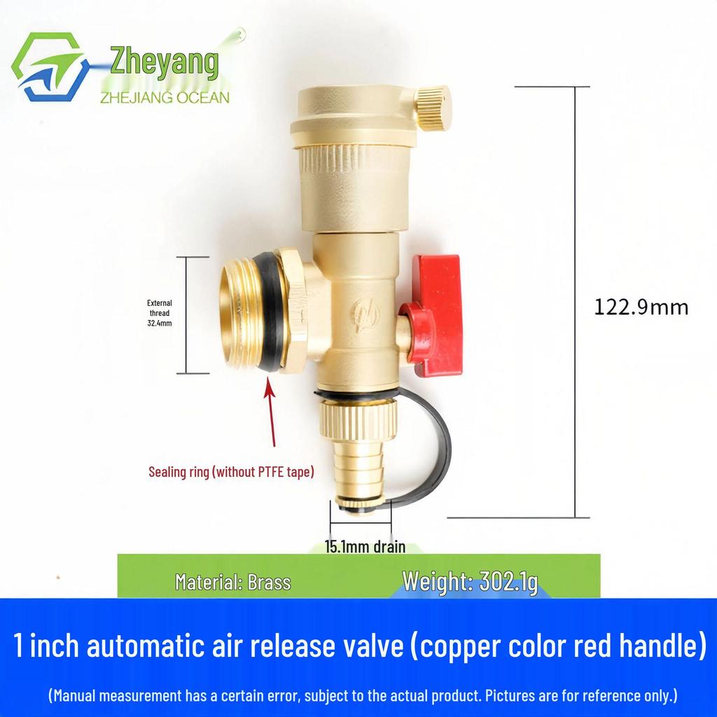 Automatic Brass Geothermal Manifold Air Vent and Water Drain Valve for Underfloor Heating, Large Flow, 1-1.2 inch Tailpiece