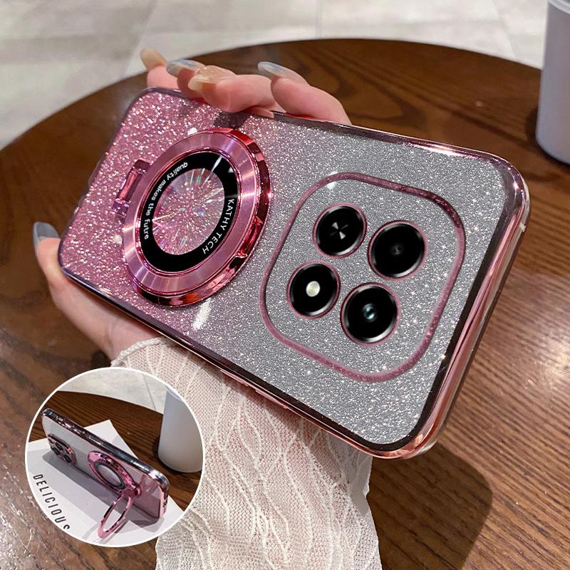 Shockproof Glitter Plating Magnetic Bracket Holder Case For Xiaomi Redmi 15C 15 14C 13C 13X Note 15 14 Pro Plus Silicone Cover