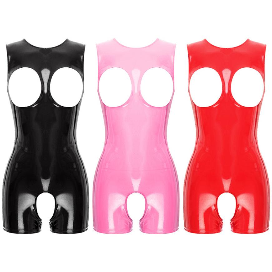 Womens Leather Bodysuit Cupless Open Butt Bodycon Leotard Jumpsuit One Piece Clubwear Teddy Costume