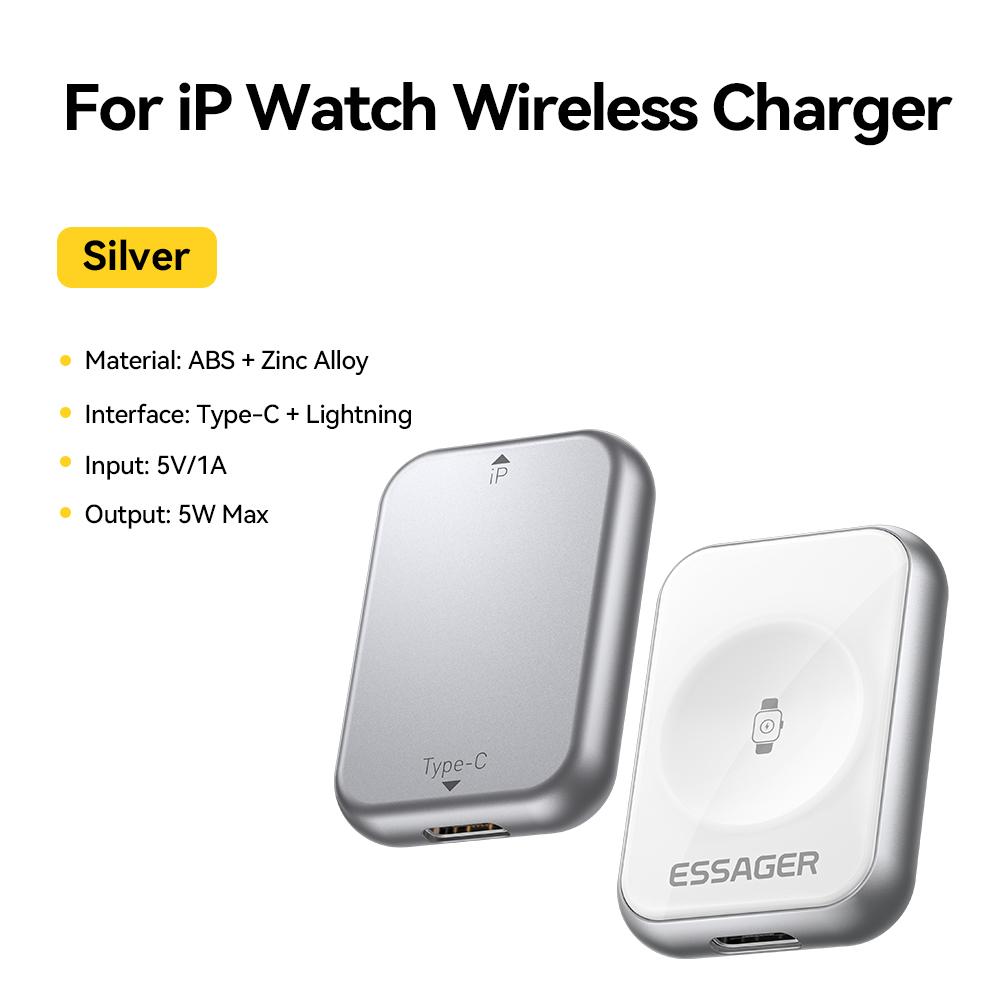 

Essager Magnetic Wireless Watch Charger For Apple Watch S2-S11 Series SE Series Ultra Series 5W Portable Type-C/Lighting Charger срібний