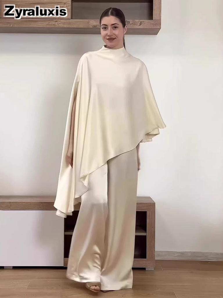 New Fashion Women's Long Sleeve Irregular Top High Waist Slim Fit Wide Leg Pants Set