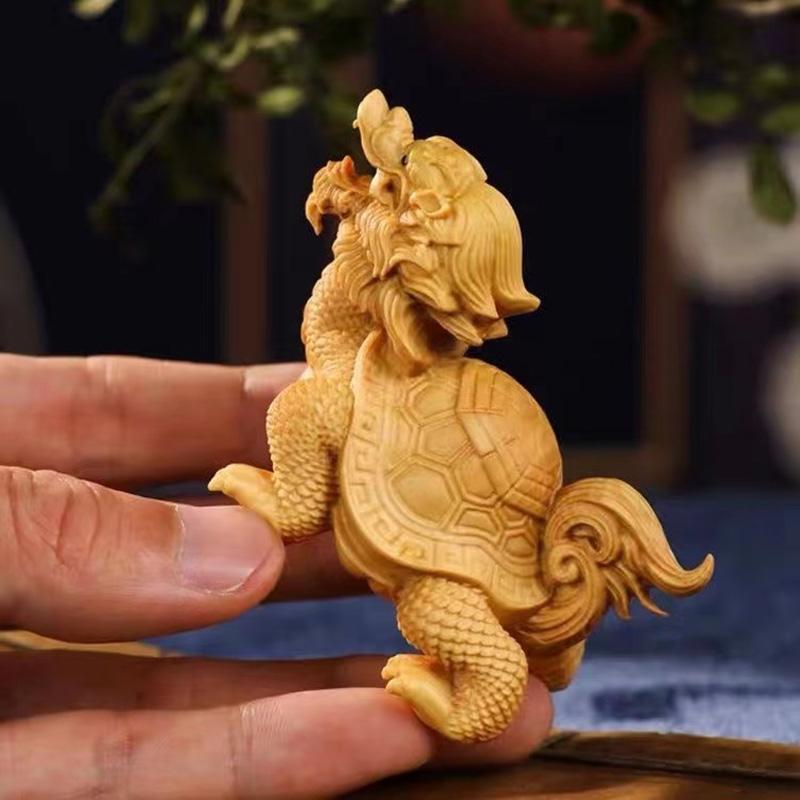 Cypress Dragon Turtle Sculptures and Figurines Chinese Mascot Solid Wood Carving Home Room Office Wealth Luck Feng Shui Decor
