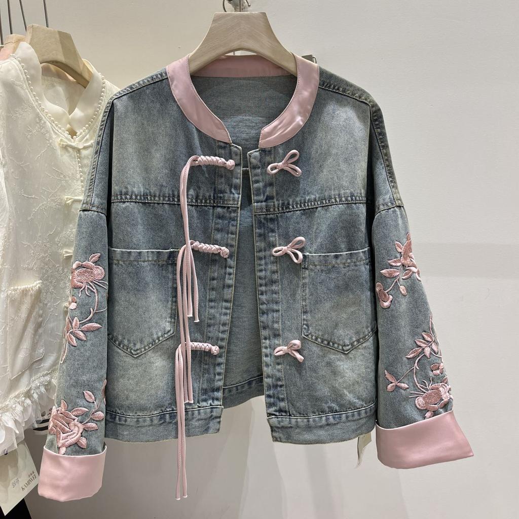 Short Buckle Denim Coat Women Chinese Style Stand Collar Top Spring  Bomber Outerwear Fashion Street Jeans Jacket Female