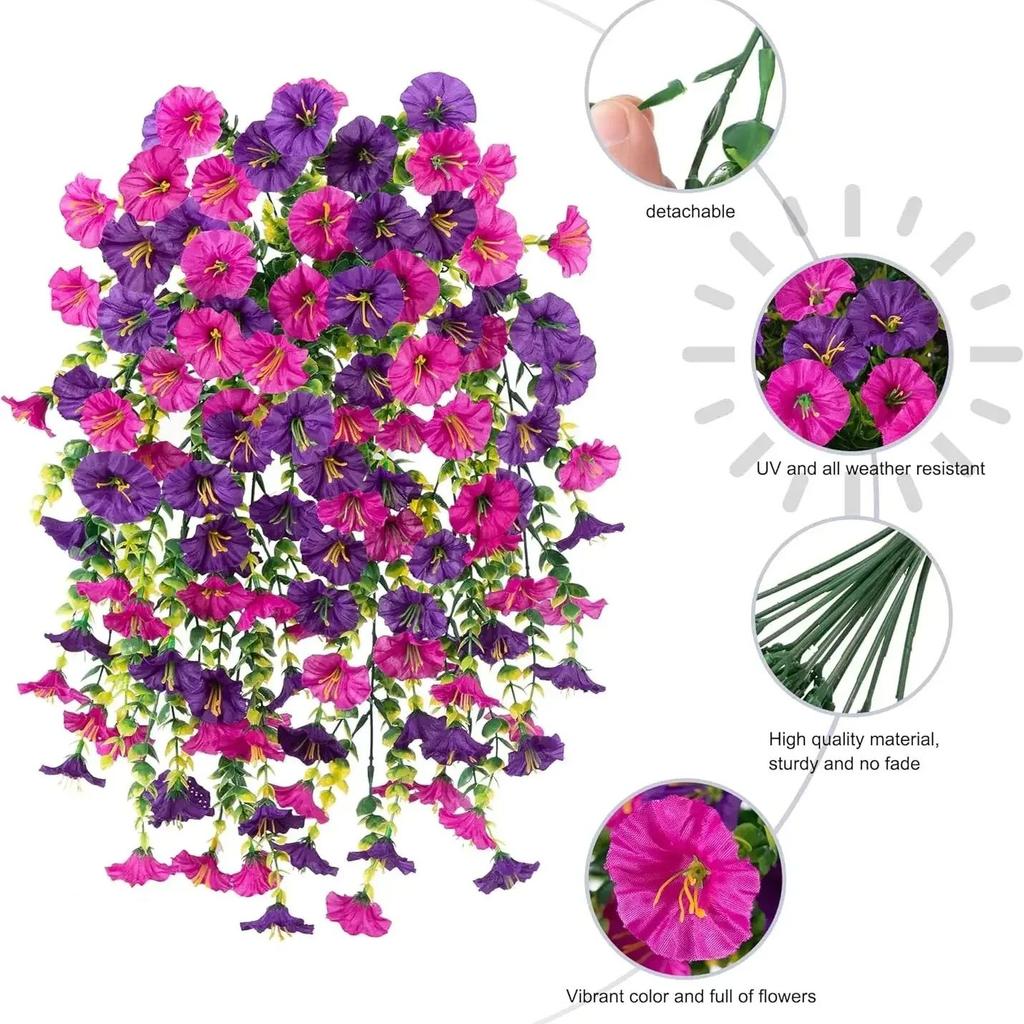 Artificial Hanging Flowers Plants Faux Silk Purple Morning Glory Long Vines UV Resistant Realistic for Garden Balcony Decor