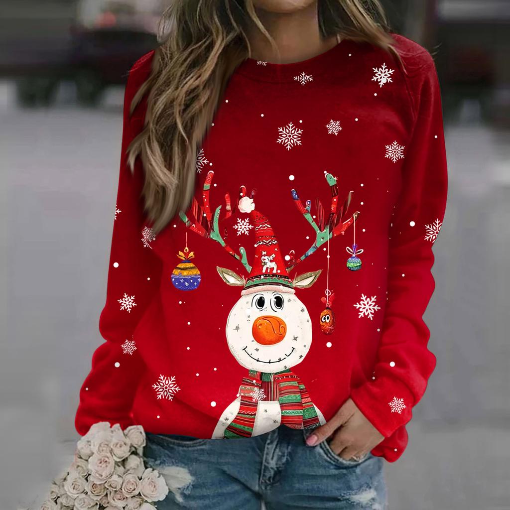 Women's Fashion Casual Long Sleeve Christmas Printed Neck Sweatshirt Top