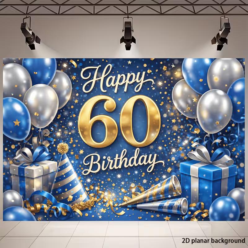 2D Blue Gold 60th Birthday Backdrop Happy 60th Birthday Photography Background