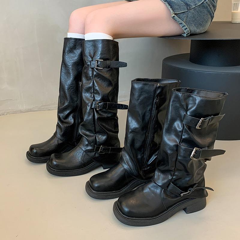 Vintage thick heel mid-height boots western cowboy stack boots knight boots early autumn martin boots women's boots