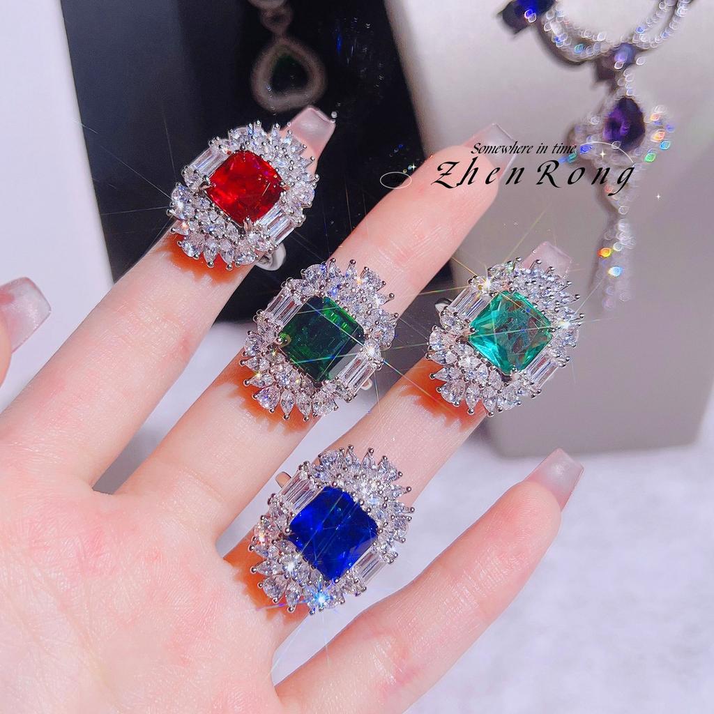 Luxury Emerald Colored Treasure Ring Ruby Set Royal Blue Premium Temperament Vintage Paraiba Women'S Ring