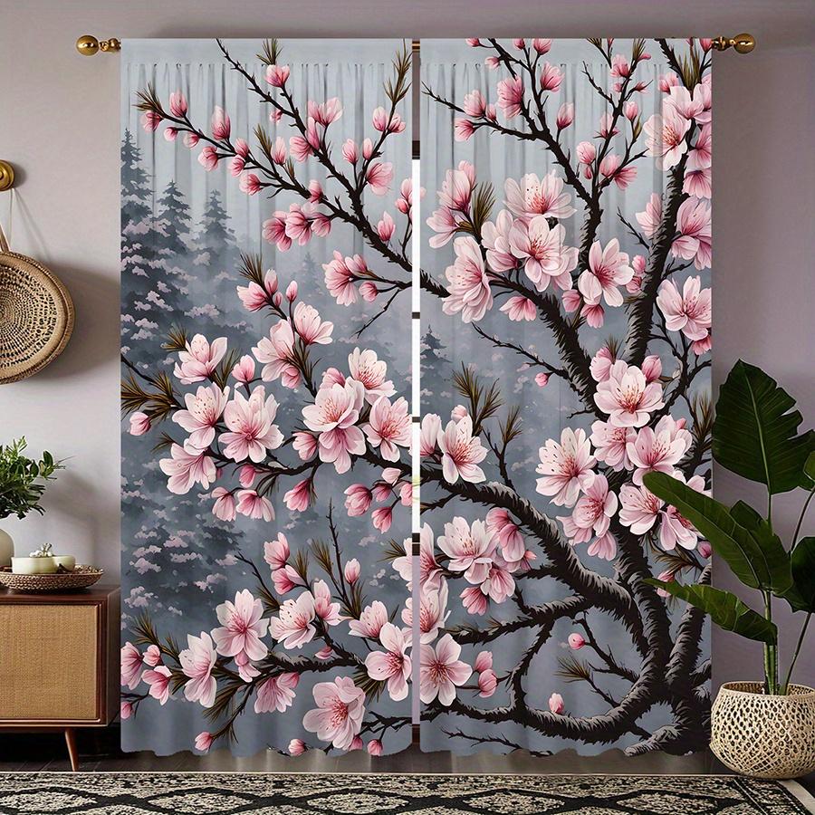 2pcs Cherry Blossom Print Curtains - Light Filtering, Rod Pocket Design, Polyester Microfiber, Floral Pattern for Living Room &