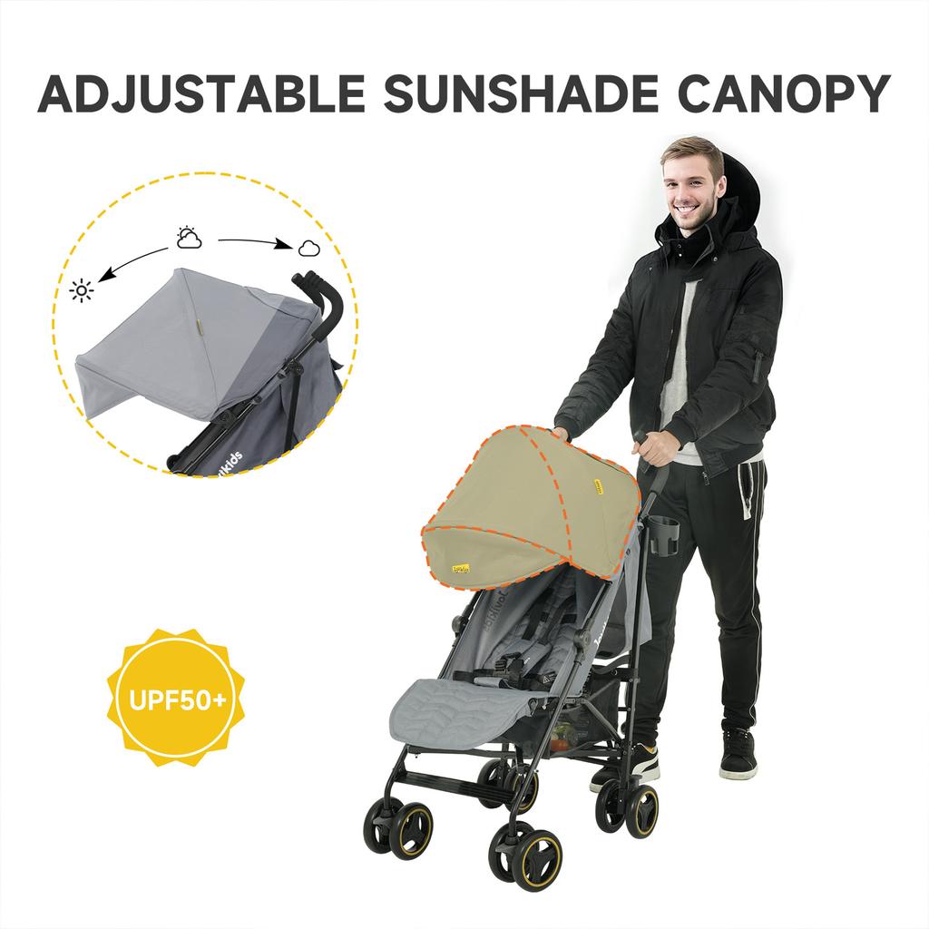 Faltbarer Reisekinderwagen, Verstellbare Rückenlehne, bis 22 kg, Verdeck, Regenschutz, Becherhalter (grau)