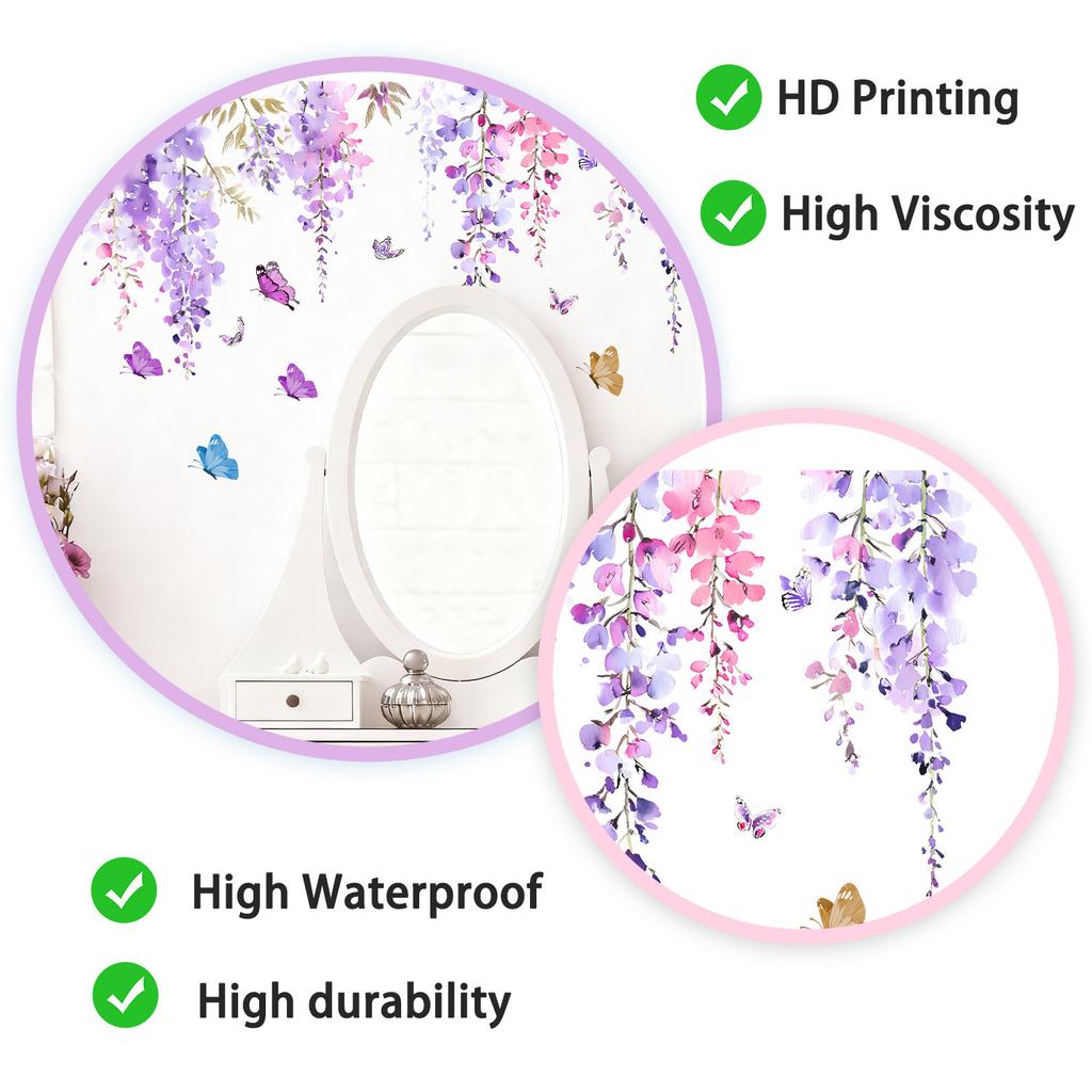 Colorful Pink Purple Wisteria Butterfly Flower Wall Sticker Self Adhesive Decal for Bedroom Living Room Hallway Home Decor