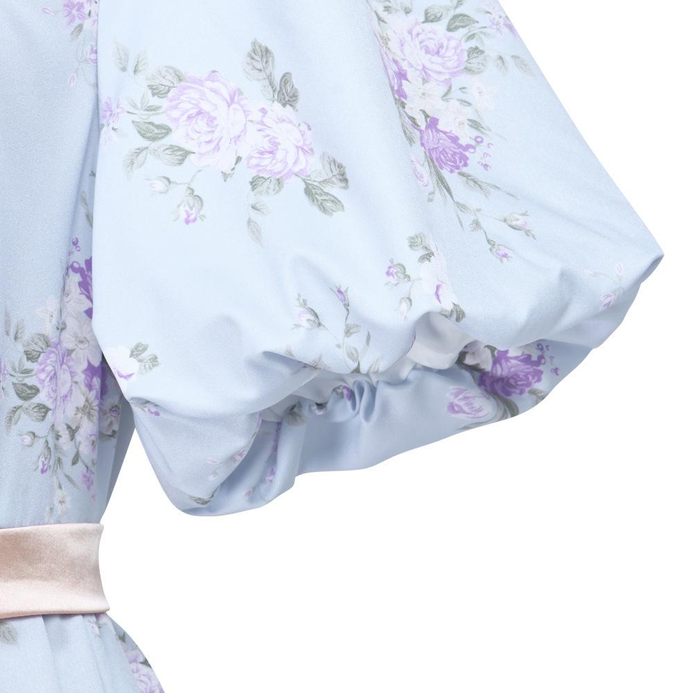 Vintage Regency Floral Tea Gown, Puff Sleeve Empire Waist Victorian Dress for Women, Ideal for Bridgerton Cosplay, Tea Parties and Halloween