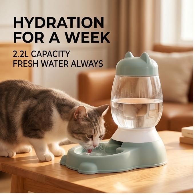 Non-Electric 2.2L Cat Waterer & Feeder, Mess-Free Bowl for Cats & Small Dogs, No-Plug Indoor Home Pet Feeding Station
