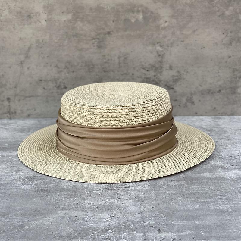 Temperament Promi Flacher Strohhut Japanischer Schlichter Zylinder Damen Sommer Britischer Retro Strandurlaub Sonnenschutz Sonnenhut
