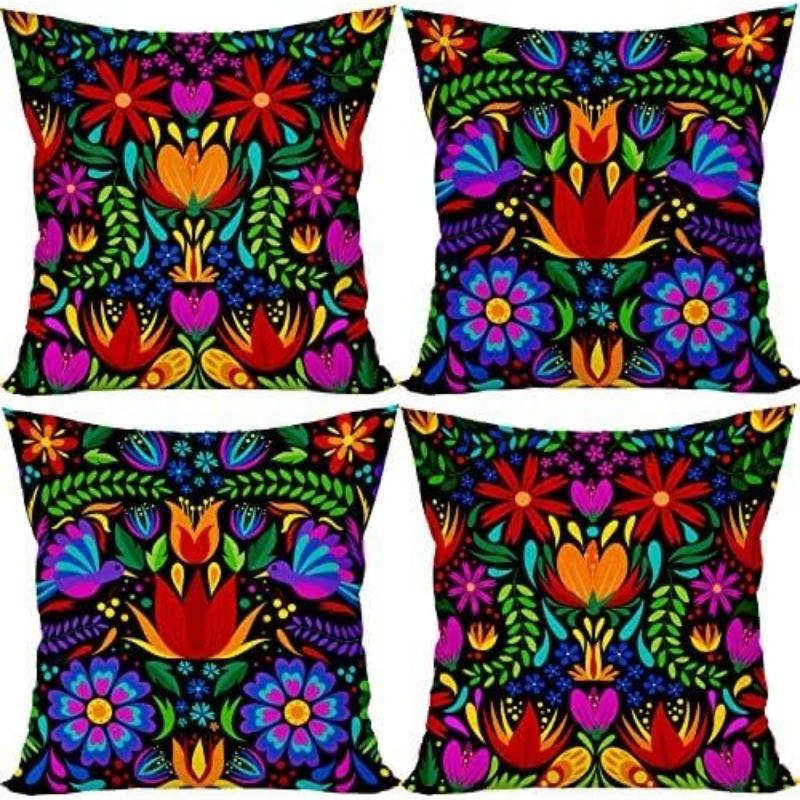 Mexican Fiesta Throw Pillow Covers Set Of 4 Dragonfly Flower Dahlia Pillow Case Day Of The Dead Dia De Los Cinco