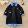 Korean Dog Embroidery Plaid Polo Short Sleeve T-Shirt Summer Retro Couple T-shirts Splicing Fake Two Pieces Simple Tops