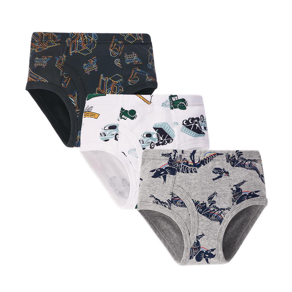 Boys' 100% Cotton Dinosaur Print Mid-Waist Underwear, 3-Pack