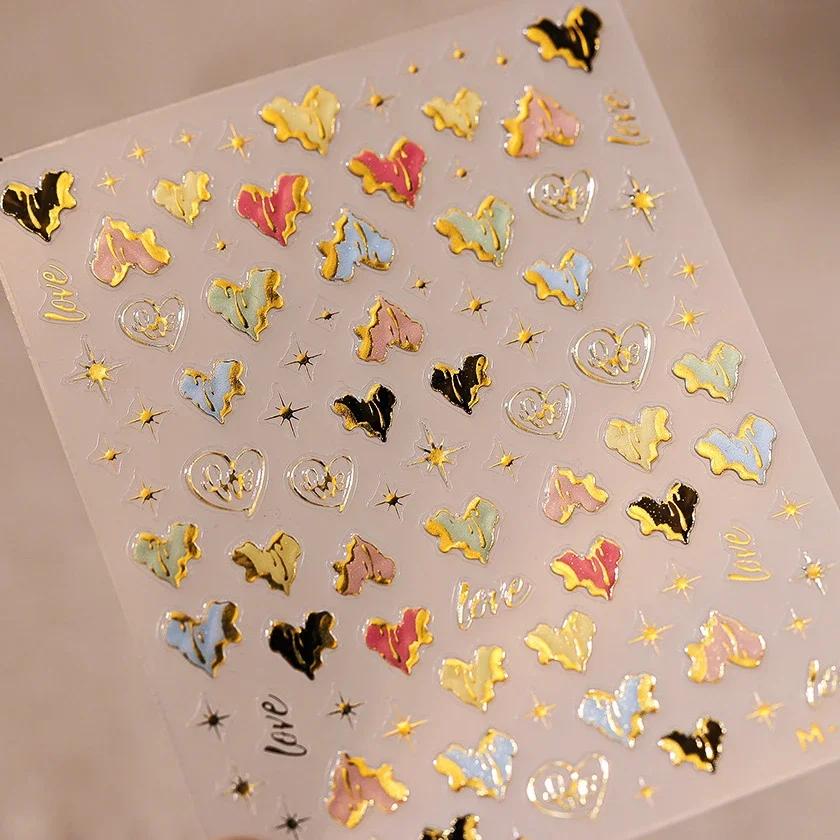 Colored Crystal Star Love Shiny Silver Hollowed Smudging Rainbow Flower Jelly Embossed Nail Art Stickers Manicure Decals