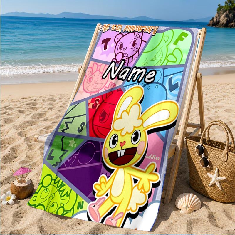 Custom Name Happy Tree Celebration Heart In Space Adventure Microfiber Beach Towel, Lightweight for Summer Travel, Swimming Pool Fan Gift