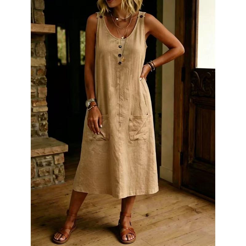 JPNTKY Fashion Summer Spring Solid Color Print U-Neck Sleeveless Casual Dresses