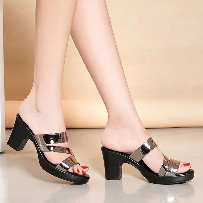 Fashion Summer New High-heeled Waterproof Platform Women Sandals and Slippers Thick-heeled Bright Leather Solid Color Casual Shoes