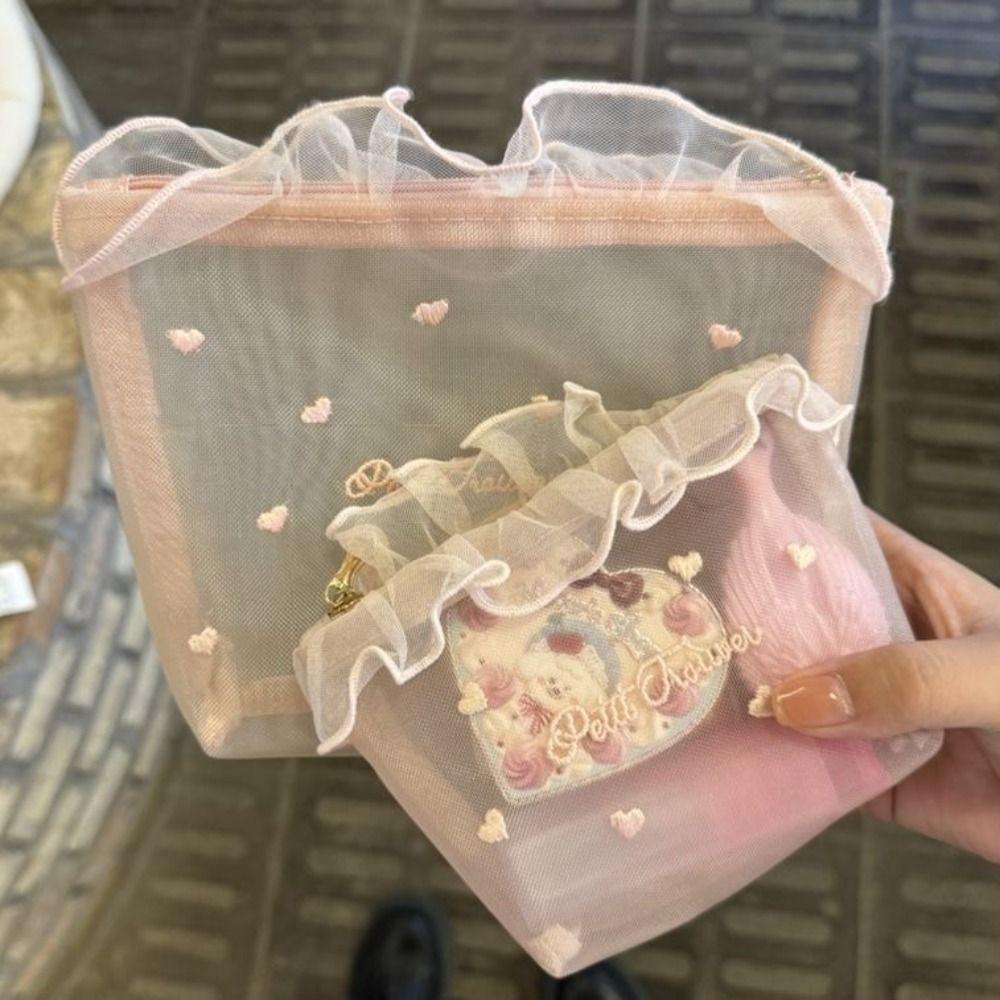 New Pink Series Mesh Bag Embroidered Large Capacity Cosmetics Bag Zipper Closure Toiletry Bag Home Travel