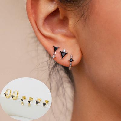 New Arrival Black Zircon Geometric Triangular Square Earrings For Women Stainless Steel Stud Punk Y2k  Daily Wear Jewelry Gifts