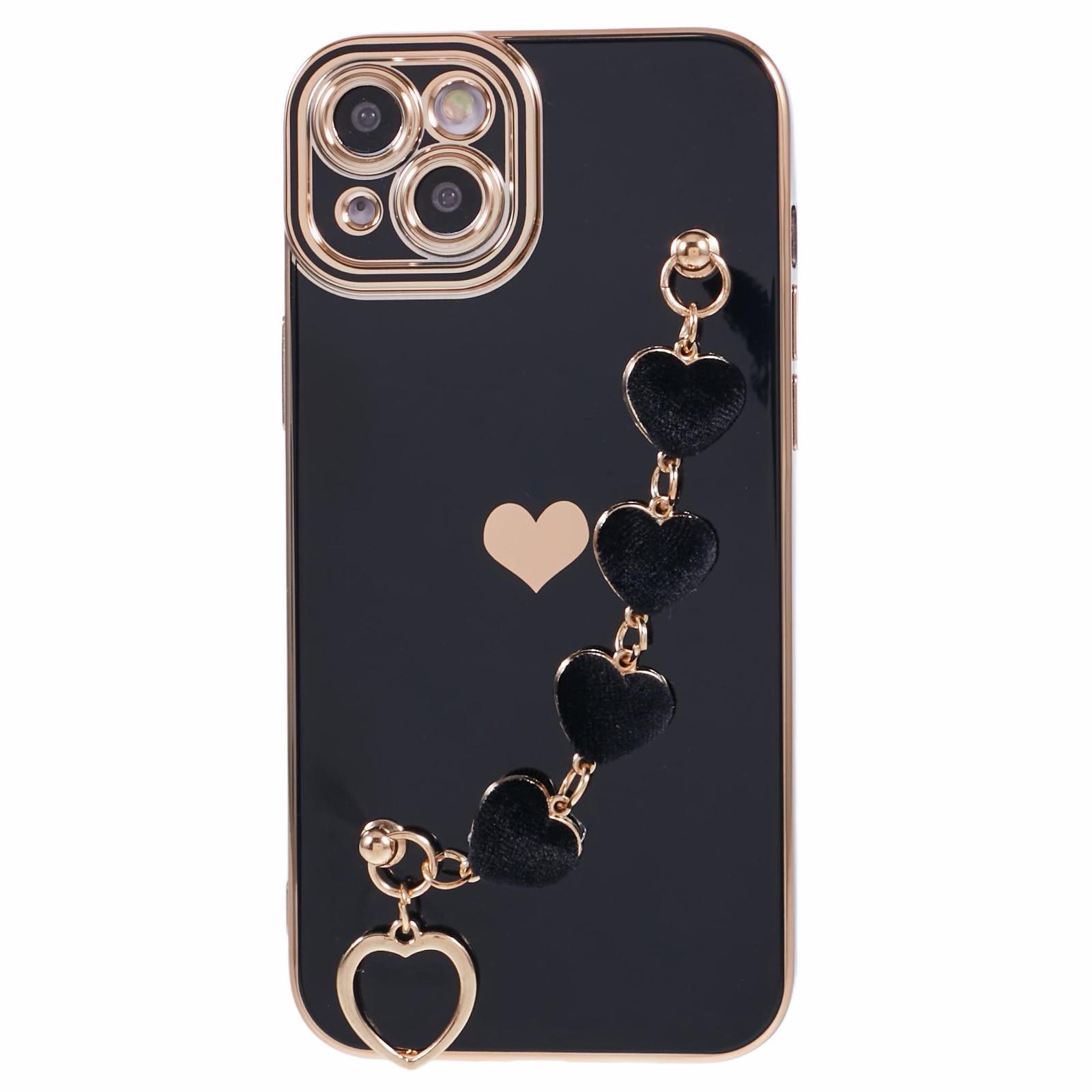 

For iPhone 15 Case Cute Aesthetic TPU Phone Cover with Heart Bracelet Strap Black