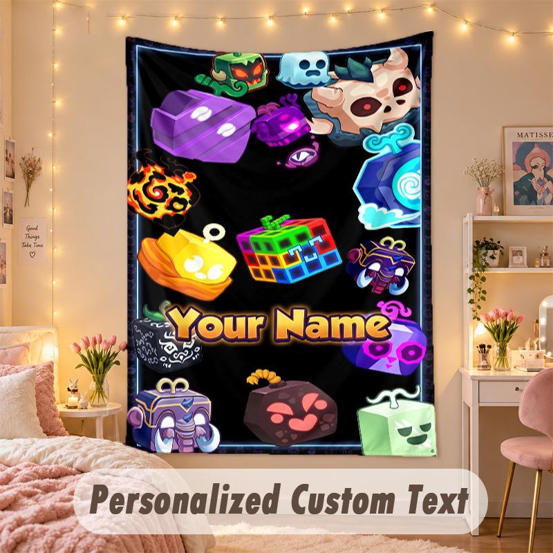 Benutzerdefinierte Personalisierte Wandteppich, Blox Fruits Druck Benutzerdefinierter Text mit Namen Wandkunst zum Aufhängen für Schlafzimmer