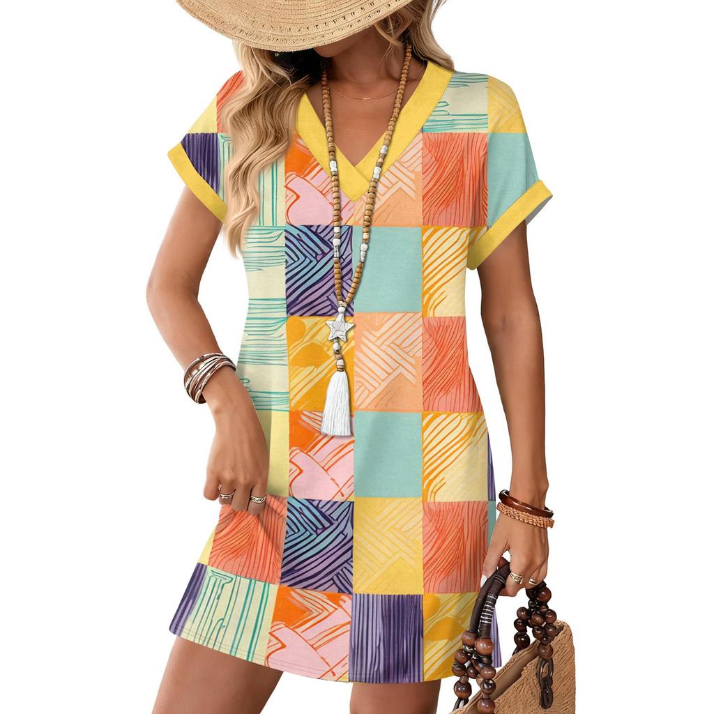 Women's Fashionable Floral Print V-neck Short Sleeved Pocket Casual Pullover Dress
