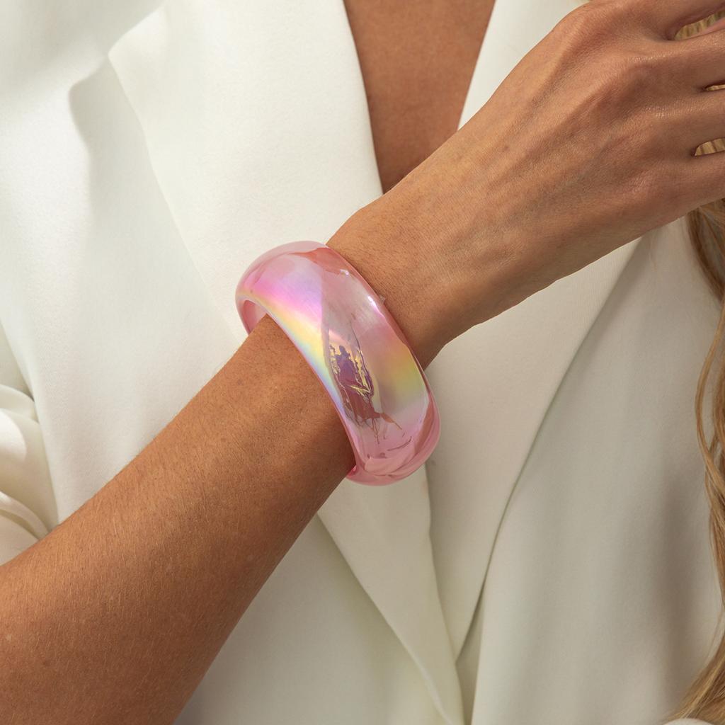 Fashion Laser Colorful Resin Wide Bracelet, Exaggerated Geometric Round Glossy Pearlescent Bracelet