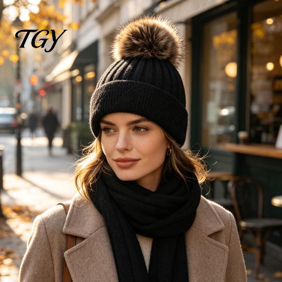Durable Knit Headwear for Winter Knitted Hat Women, Cold Weather Fleece Lined with Pom Elastic Slouchy Caps Pom, Chunky Snow Hat, Soft Ribbed