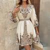 Women's Fashion Printed V-Neck Seven Sleeve Tie Waist Dresses