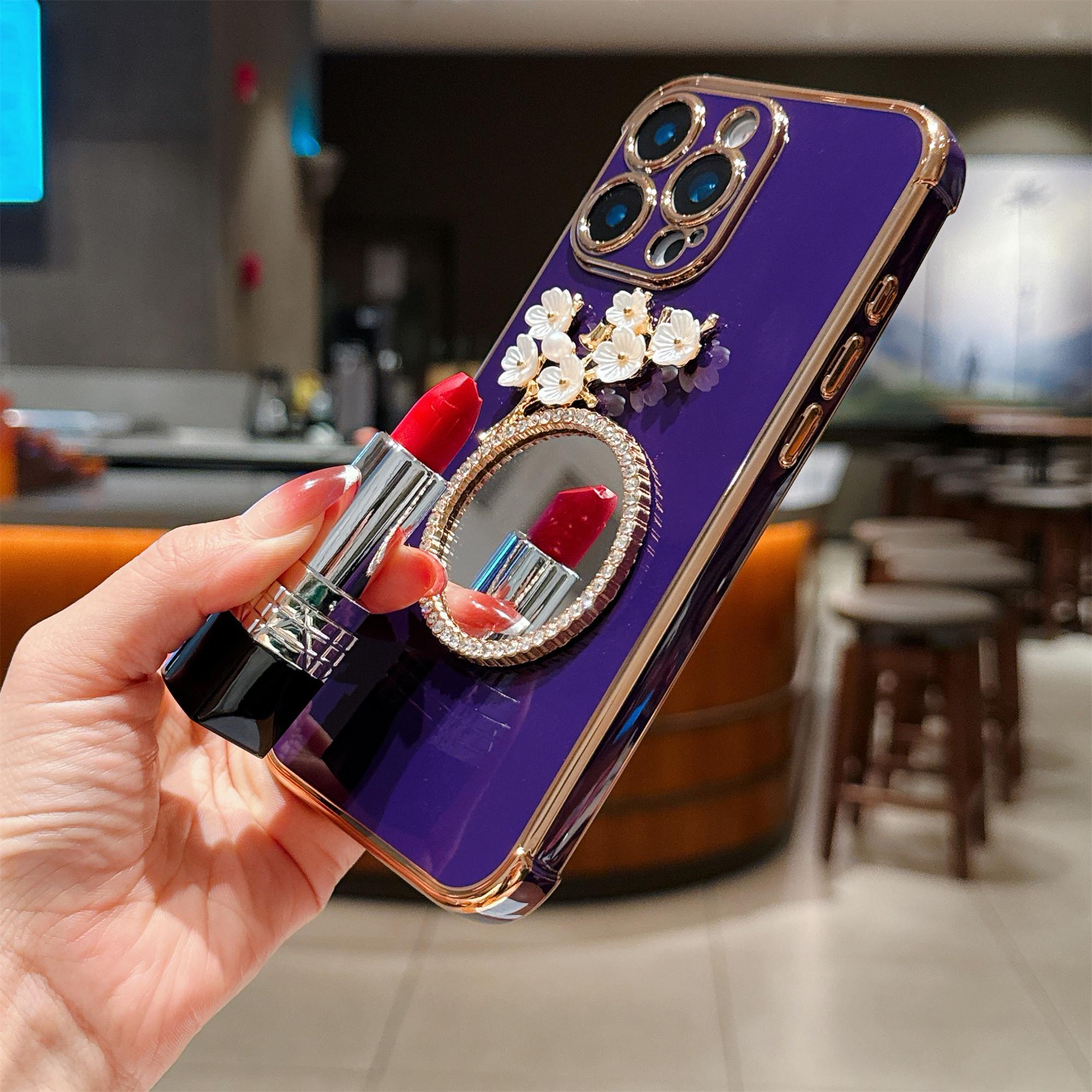 

For iPhone 16 Pro Case with Plum Blossom Mirror Electroplating Edge Heart Pattern TPU Phone Cover Black