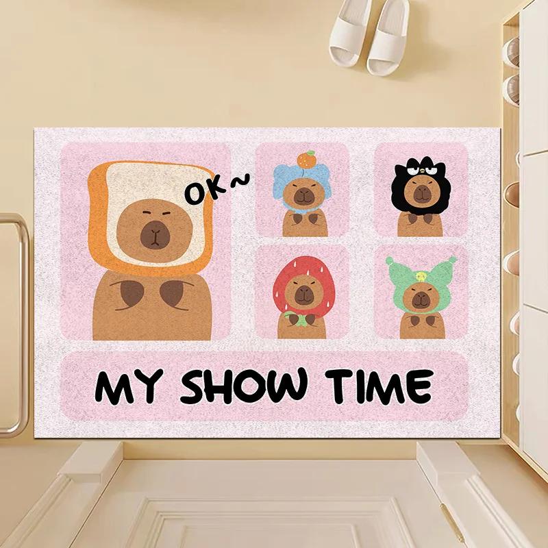 Cute Cartoon Bear Carpet Fruit Capybara Headwear Design Rug "GOOD LUCK" Mat Non-Slip Door Mat for Entryway Home Decoration
