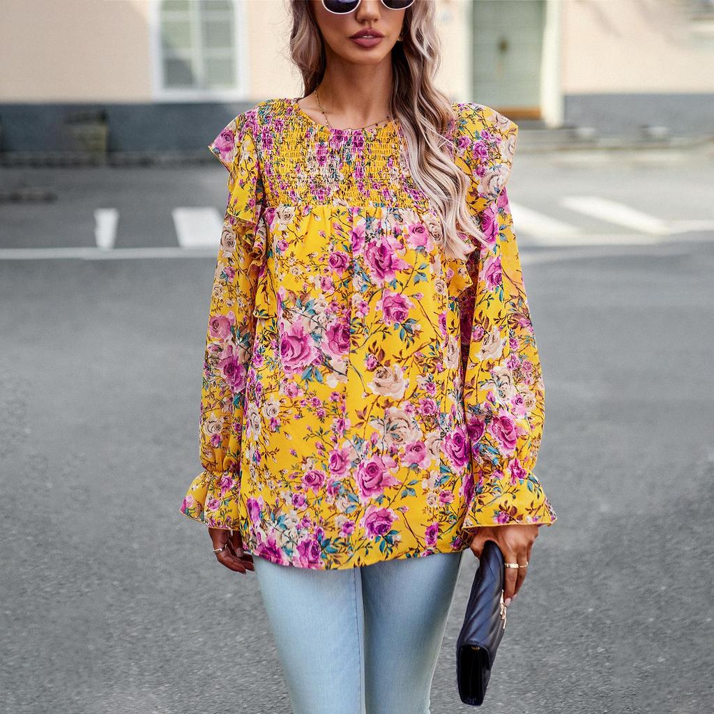 Women's Autumn Winter O Neck Ruffles Lantern Sleeve Floral Commuter Shirt Printed Shirt Tops
