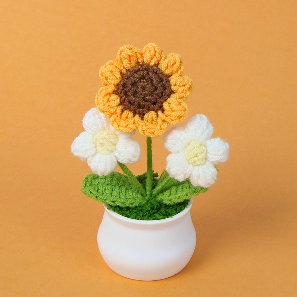 Hand-Knitted Wool Fake Flowers Set: Sunflower, Carnation, Tulip - Desktop Decor, Teacher/Student Gift, Everlasting Bouquet