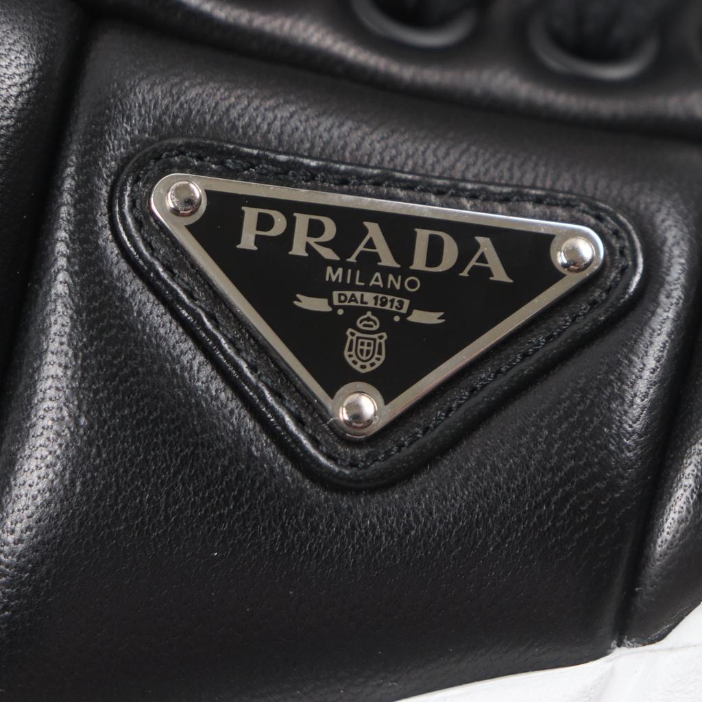 Pristine PRADA Sneakers Triangle Logo Triangle Plate Black Nappa Leather Mens 6 Used