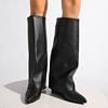 Mode Mode Bottes Hautes au Genou à Jambes Larges pour Femmes Bout Pointu Talon Compensé Chaussures d'Hiver Femme Style Street Cuir PU Noir Bottes Longues