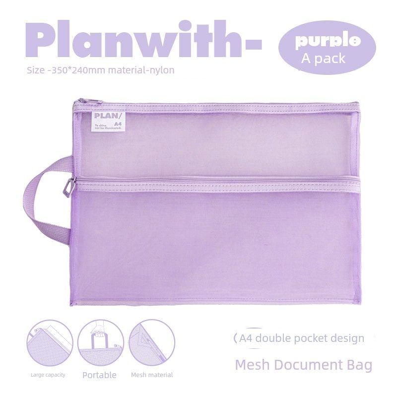 

Planwith File Bag Book Carrying Handbag Mesh Double-Layer Large Capacity Zipper Student Paper File Bag purple