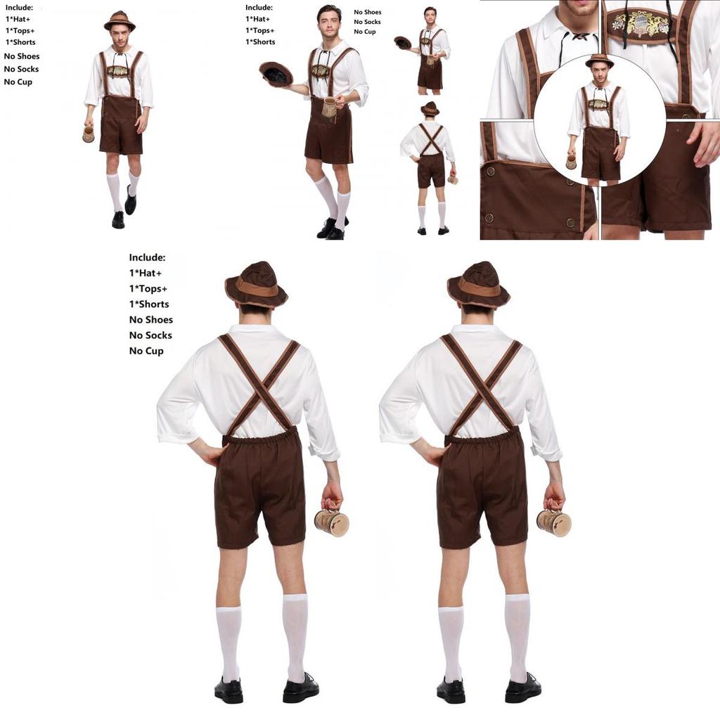 Stylish Men Oktoberfest Clothing Cosplay Costume Featuring Solid Shirt And Suspenders