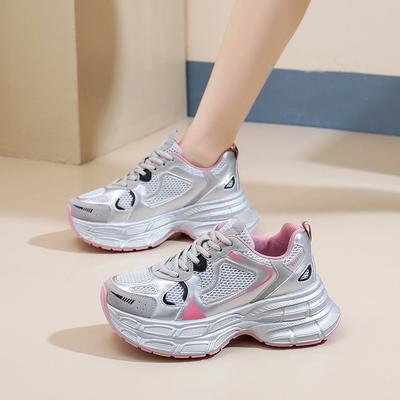 Thick-soled Heightening Dad Shoes Women's 2025 Summer New Silver Breathable Mesh Women's Shoes Lightweight Sports and Leisure Shoes