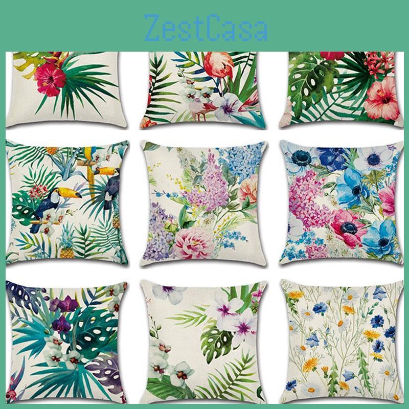 Classic 18'' Green Tropical Plant Cotton Linen Cushion Cover For Stylish Living