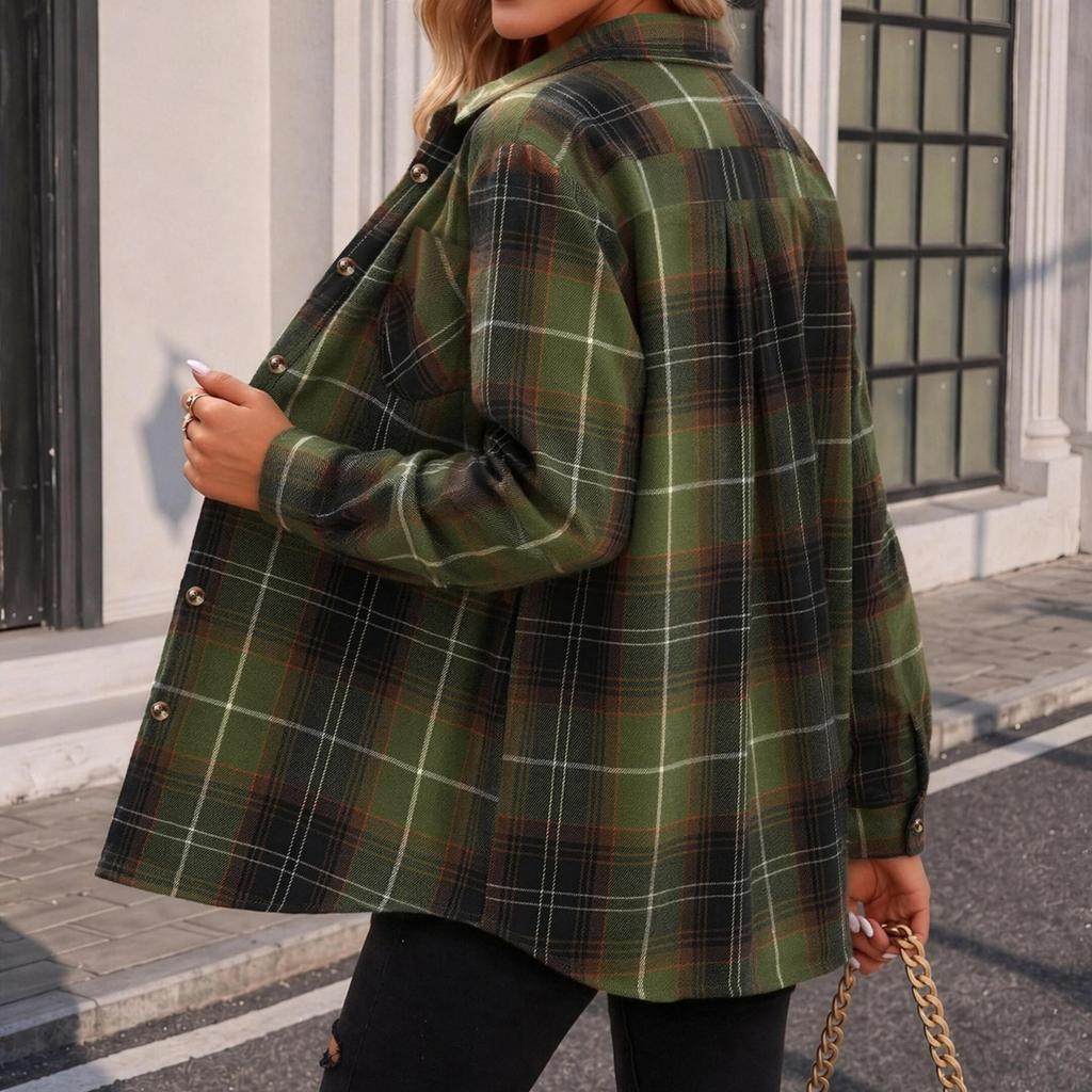 Cardigan Camicia Casual da Donna a Quadri con Maniche Lunghe e Collo a Revers