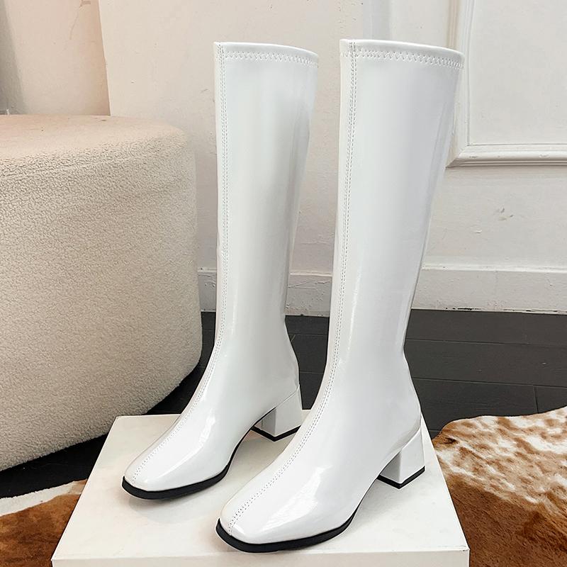 Autumn Winter Thick Heels Woman Knee High Boots Fashion Square Toe Party Dress Shoes Female Vintage Long Booties  De Muje